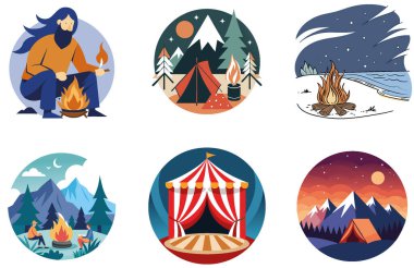 Kamp Macerası. Bir demet Manzaralı ve Günbatımı Koleksiyon Etiketi. Al, Image Set 'i oluşturdu. Clipart çizgi film deisgn simgeleri