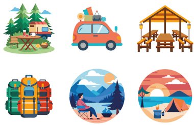 Kamp ziyafeti. Bir paket Lezzet ve Kutlama Çıkartması. Al, Image Set 'i oluşturdu. Clipart çizgi film deisgn simgeleri