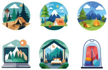 Kamp Macerası. Bağlanma ve Serenity Koleksiyonu Çıkartması. Al, Image Set 'i oluşturdu. Clipart çizgi film deisgn simgeleri