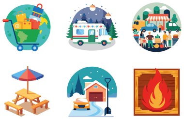 Kamp Keşfi. Canlı ve Kültürel Koleksiyon Etiketleri Paketi. Al, Image Set 'i oluşturdu. Clipart çizgi film deisgn simgeleri