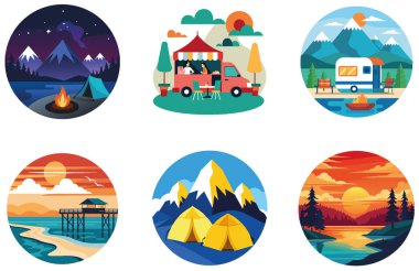 Kaçış Kampı. Bir paket dinginlik ve temiz hava koleksiyonu çıkartması. Al, Image Set 'i oluşturdu. Clipart çizgi film deisgn simgeleri