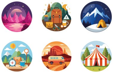 Kamp eğlencesi. Bir deste Oyuncu ve Merak Koleksiyonu Çıkartması. Al, Image Set 'i oluşturdu. Clipart çizgi film deisgn simgeleri