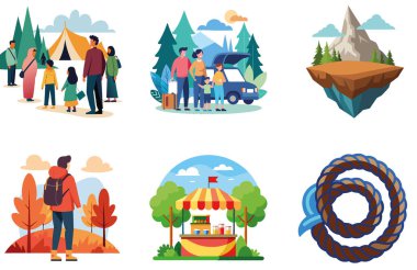 Kaçış Kampı. Bir paket dinginlik ve temiz hava koleksiyonu çıkartması. Al, Image Set 'i oluşturdu. Clipart çizgi film deisgn simgeleri