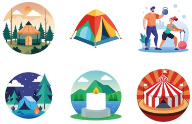 Kamp Macerası. Gezgin Şehveti ve Minimalist Koleksiyoncu Çıkartmaları. Al, Image Set 'i oluşturdu. Clipart çizgi film deisgn simgeleri