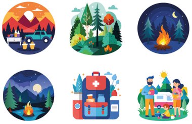 Kamp Gezisi. Özgürlük ve Manzaralı Koleksiyon Çıkartmaları. Al, Image Set 'i oluşturdu. Clipart çizgi film deisgn simgeleri