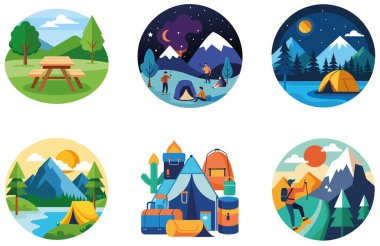 Kamp Macerası. Bir demet kış ve heybetli koleksiyon çıkartması. Al, Image Set 'i oluşturdu. Clipart çizgi film deisgn simgeleri