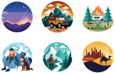 Kaçış Kampı. Bir Serenity ve Sunset Koleksiyonu Çıkartması. Al, Image Set 'i oluşturdu. Clipart çizgi film deisgn simgeleri