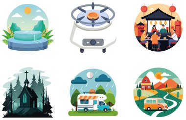 Kamp eğlencesi. Bir paket tatlı ve samimi koleksiyon çıkartması. Al, Image Set 'i oluşturdu. Clipart çizgi film deisgn simgeleri