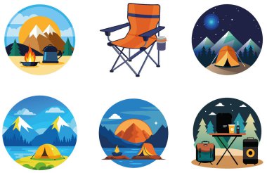 Kamp Görevi. Bir paket Strateji ve Hayatta Kalma Koleksiyonu çıkartması. Al, Image Set 'i oluşturdu. Clipart çizgi film deisgn simgeleri