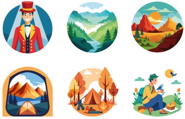 Kutlama kampı. Bir deste Görkemli ve Şenlikli Koleksiyon Çıkartması. Al, Image Set 'i oluşturdu. Clipart çizgi film deisgn simgeleri