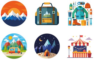 Kamp Malzemeleri. Bir paket Pratik ve Taşınabilir Koleksiyon Etiketi. Al, Image Set 'i oluşturdu. Clipart çizgi film deisgn simgeleri