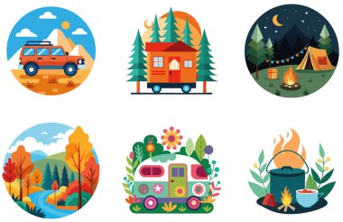 Kutlama kampı. Bir deste canlı ve şenlikli koleksiyon çıkartması. Al, Image Set 'i oluşturdu. Clipart çizgi film deisgn simgeleri