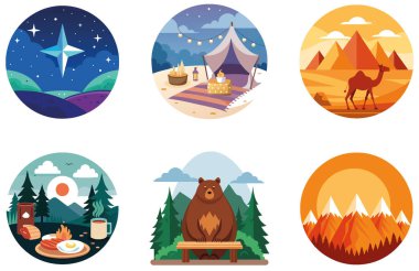 Kamp sanatı. Bir paket Ateşli ve Canlı Koleksiyon Çıkartması. Al, Image Set 'i oluşturdu. Clipart çizgi film deisgn simgeleri