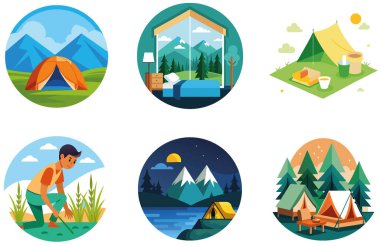 Kamp Macerası. Gezgin Şehveti ve Keşif Çıkartmaları Toplama Paketi. Al, Image Set 'i oluşturdu. Clipart çizgi film deisgn simgeleri