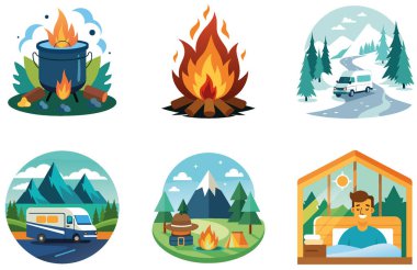 Kaçış Kampı. Bir paket Yıldızlı ve Huzurlu Koleksiyon Çıkartması. Al, Image Set 'i oluşturdu. Clipart çizgi film deisgn simgeleri