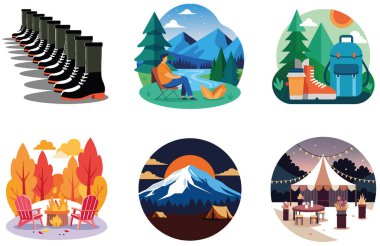 Kamp Macerası. Bir Kurtuluş ve Keşif Koleksiyonu Çıkartması. Al, Image Set 'i oluşturdu. Clipart çizgi film deisgn simgeleri