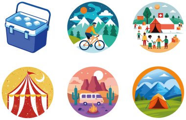 Kamp şovu. Bir Parlak ve Göz kamaştırıcı Koleksiyon Etiketi. Al, Image Set 'i oluşturdu. Clipart çizgi film deisgn simgeleri