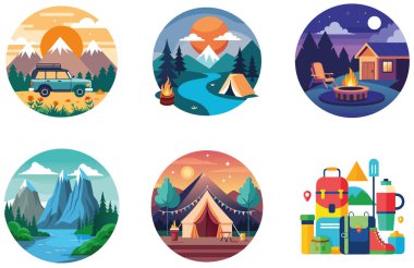 Kaçış Kampı. Bir paket Ilık ve Huzur Koleksiyonu Çıkartması. Al, Image Set 'i oluşturdu. Clipart çizgi film deisgn simgeleri