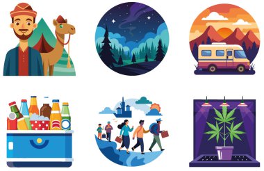 Kamp Macerası. Bir paket Tranquil ve Göçebe Koleksiyon Etiketi. Al, Image Set 'i oluşturdu. Clipart çizgi film deisgn simgeleri