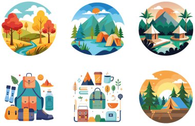 Kamp Macerası. Bir deste Keşif ve Huzur Koleksiyonu Çıkartması. Al, Image Set 'i oluşturdu. Clipart çizgi film deisgn simgeleri