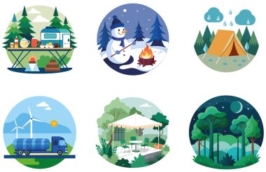 Kamp şovu. Bir deste enerjik ve büyüleyici koleksiyon çıkartması. Al, Image Set 'i oluşturdu. Clipart çizgi film deisgn simgeleri