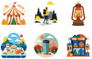 Kamp eğlencesi. Bir deste Oyuncu ve Festivalsel Koleksiyon Çıkartması. Al, Image Set 'i oluşturdu. Clipart çizgi film deisgn simgeleri