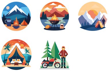 Kamp Macerası. Bir Serenity ve Beraberlik Çıkartması Paketi. Al, Image Set 'i oluşturdu. Clipart çizgi film deisgn simgeleri