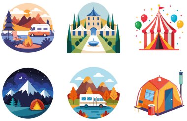 Kamp tatilleri. Bir paket konforlu ve şenlikli koleksiyon çıkartması. Al, Image Set 'i oluşturdu. Clipart çizgi film deisgn simgeleri