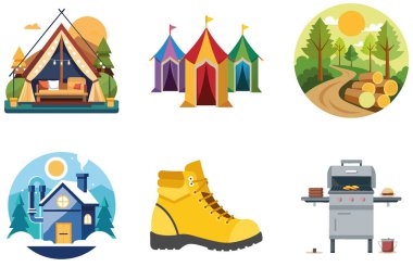 Kaçış Kampı. Bir paket Samimi ve Huzur Koleksiyonu Çıkartması. Al, Image Set 'i oluşturdu. Clipart çizgi film deisgn simgeleri