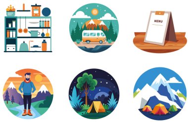 Kamp Macerası. Bağlanma ve Serenity Koleksiyonu Çıkartması. Al, Image Set 'i oluşturdu. Clipart çizgi film deisgn simgeleri