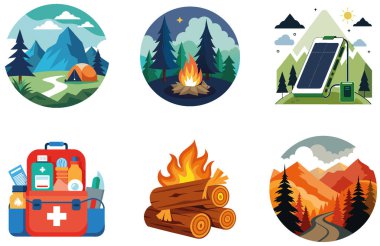 Hayatta Kalma Kampı. Bir paket Sıcak ve Geleneksel Koleksiyon Etiketi. Al, Image Set 'i oluşturdu. Clipart çizgi film deisgn simgeleri