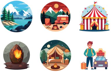 Kamp toplantısı. Bir deste Neşeli ve Huzurlu Çıkartma. Al, Image Set 'i oluşturdu. Clipart çizgi film deisgn simgeleri