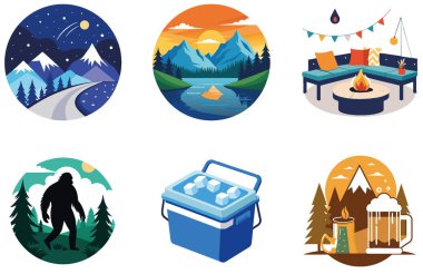 Kaçış Kampı. Serenity ve Tropikal Koleksiyon Çıkartmaları. Al, Image Set 'i oluşturdu. Clipart çizgi film deisgn simgeleri