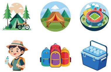 Kamp Macerası. Bir deste Minimalist ve Gezgin Şehveti Koleksiyonu. Al, Image Set 'i oluşturdu. Clipart çizgi film deisgn simgeleri