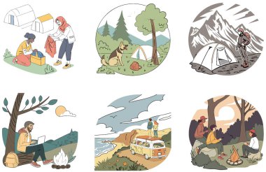 Kamp Paketi. Hareketli Açık Pazar Sahne Koleksiyonu Çizimleri. Al, Image Set 'i oluşturdu. Clipart çizgi film deisgn simgeleri