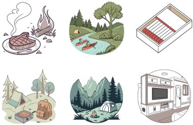 Kamp Paketi. Orman Yumuşak Odaklanma Kampı Resimleri. Al, Image Set 'i oluşturdu. Clipart çizgi film deisgn simgeleri