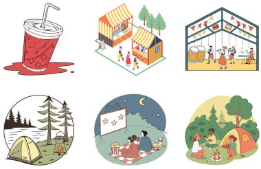 Kamp Paketi. Everest Merkez Kampı Aydınlatılmış Çadır Koleksiyonu. Al, Image Set 'i oluşturdu. Clipart çizgi film deisgn simgeleri