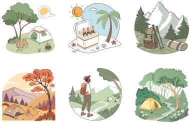 Kamp Paketi. El yapımı Sirk Çadırı Koleksiyonu Çizimleri. Al, Image Set 'i oluşturdu. Clipart çizgi film deisgn simgeleri