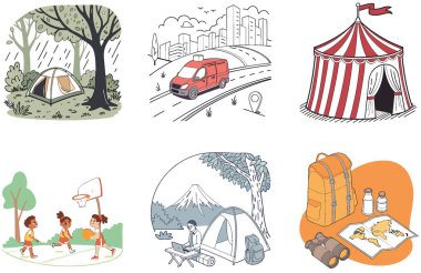 Kamp Paketi. Çaydanlık Kaynayan Ateşler Toplama Çizimleri. Al, Image Set 'i oluşturdu. Clipart çizgi film deisgn simgeleri