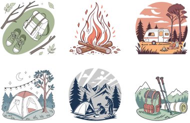 Kamp Paketi. Büyük Turuncu Sırt Çantası Macera Koleksiyonu Çizimleri. Al, Image Set 'i oluşturdu. Clipart çizgi film deisgn simgeleri