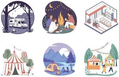 Kamp Paketi. Van River Yaşayan Macera Koleksiyonu. Al, Image Set 'i oluşturdu. Clipart çizgi film deisgn simgeleri