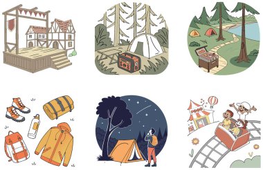 Kamp Paketi. Mountain Rock Termos Macera Koleksiyonları. Al, Image Set 'i oluşturdu. Clipart çizgi film deisgn simgeleri