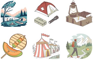 Kamp Paketi. Taşınabilir Güneş enerjisi gölü koleksiyonu. Al, Image Set 'i oluşturdu. Clipart çizgi film deisgn simgeleri