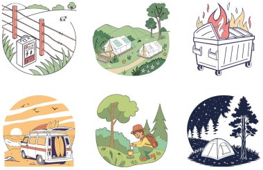 Kamp Paketi. Yoğun Orman Yağmurlu Gün Koleksiyonu Çizimleri. Al, Image Set 'i oluşturdu. Clipart çizgi film deisgn simgeleri
