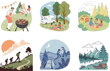 Kamp Paketi. Kırmızı ve Beyaz Sirk Çadır Koleksiyonu. Al, Image Set 'i oluşturdu. Clipart çizgi film deisgn simgeleri