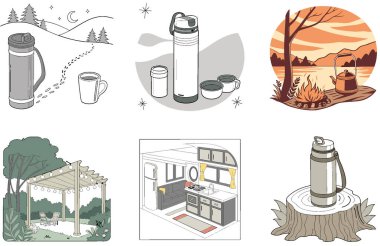 Kamp Paketi. Engebeli Yürüyüş Dağı Trek Koleksiyonu Çizimleri. Al, Image Set 'i oluşturdu. Clipart çizgi film deisgn simgeleri