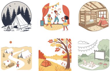 Kamp Paketi. Kuzey Işıkları Kamp Koleksiyonu Çizimleri. Al, Image Set 'i oluşturdu. Clipart çizgi film deisgn simgeleri