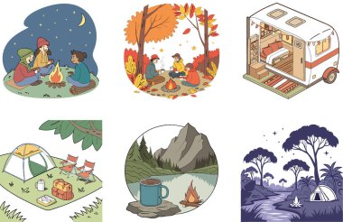 Kamp Paketi. Kırmızı ve Altın Sirk Çadırı Koleksiyonu. Al, Image Set 'i oluşturdu. Clipart çizgi film deisgn simgeleri