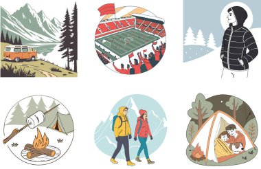 Kamp Paketi. Sihirli Orman Kamp Ateşi Koleksiyonu. Al, Image Set 'i oluşturdu. Clipart çizgi film deisgn simgeleri