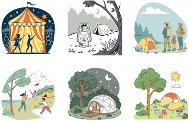 Kamp Paketi. Kamp Malzemeleri Toplama Çizimleri Yığını. Al, Image Set 'i oluşturdu. Clipart çizgi film deisgn simgeleri